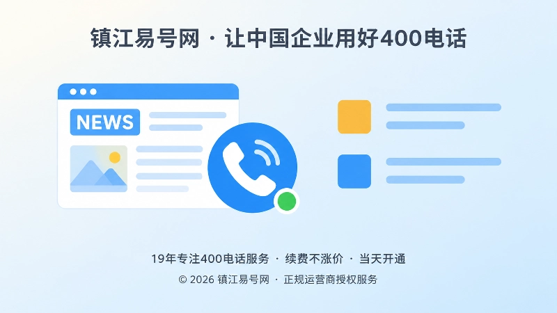 左图右文式扁平插画：左侧公司新闻卡片搭配电话图标，右侧为文字说明色块